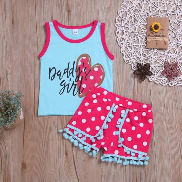 Baby DADDY’S GIRL Sleeveless Top and Pompon Decor Dotted Shorts Set